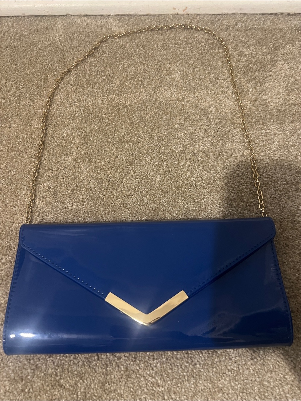 Aldo Royal Blue Patent Envelope Clutch with Gold V Accent